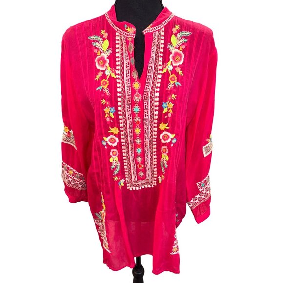 Johnny Was Bethanie Boho Tunic Strawberry Embroidered Tunic Top M Red Floral - Picture 2 of 9